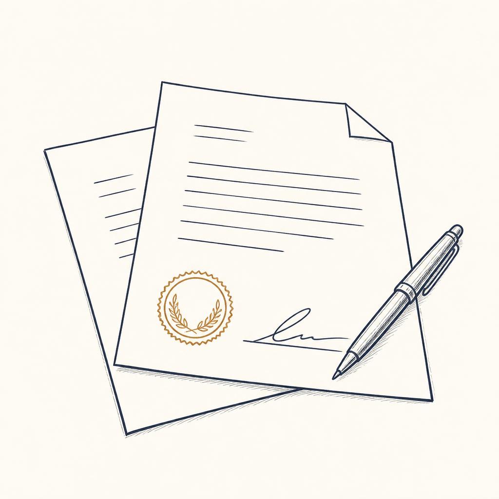 Ilustração minimalista de documentos fiscais com carimbo dourado e caneta de assinatura, sobre fundo creme